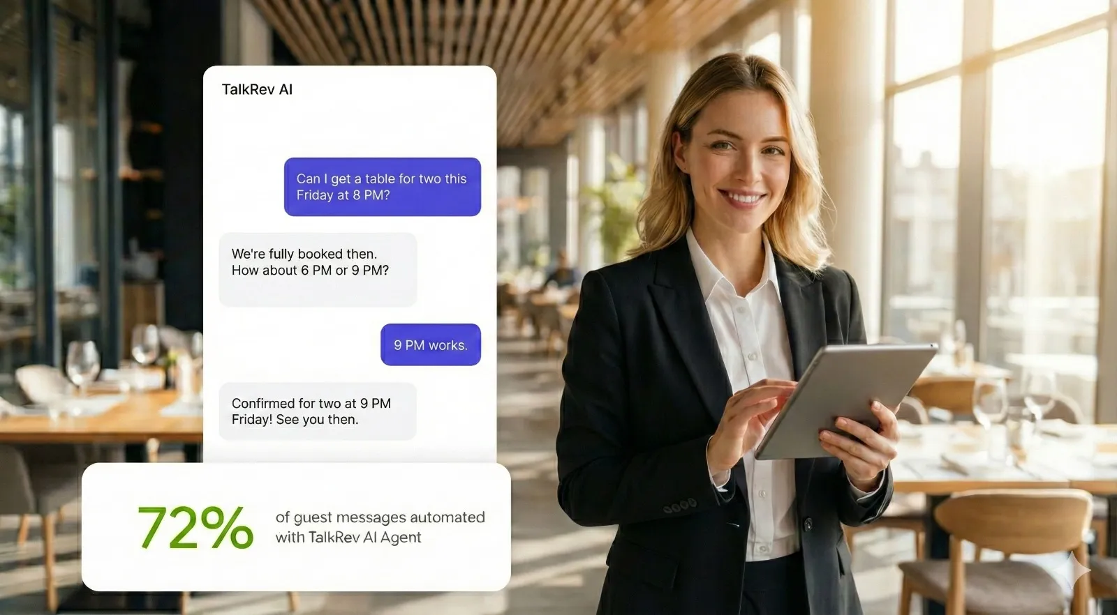 TalkRev AI chat assistant helping a guest